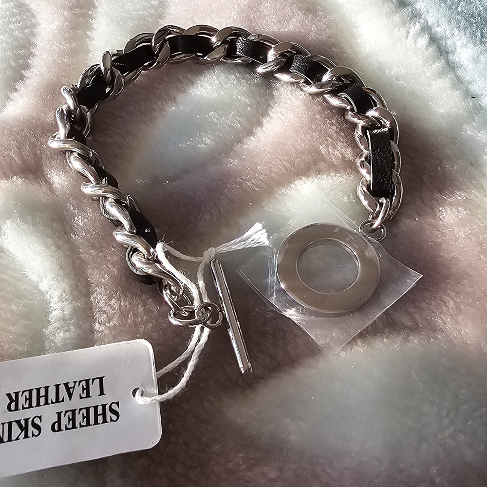 EDFORCE Stainless Steel Black Sheepskin Link Toggle Bracelet NEW LOT1002